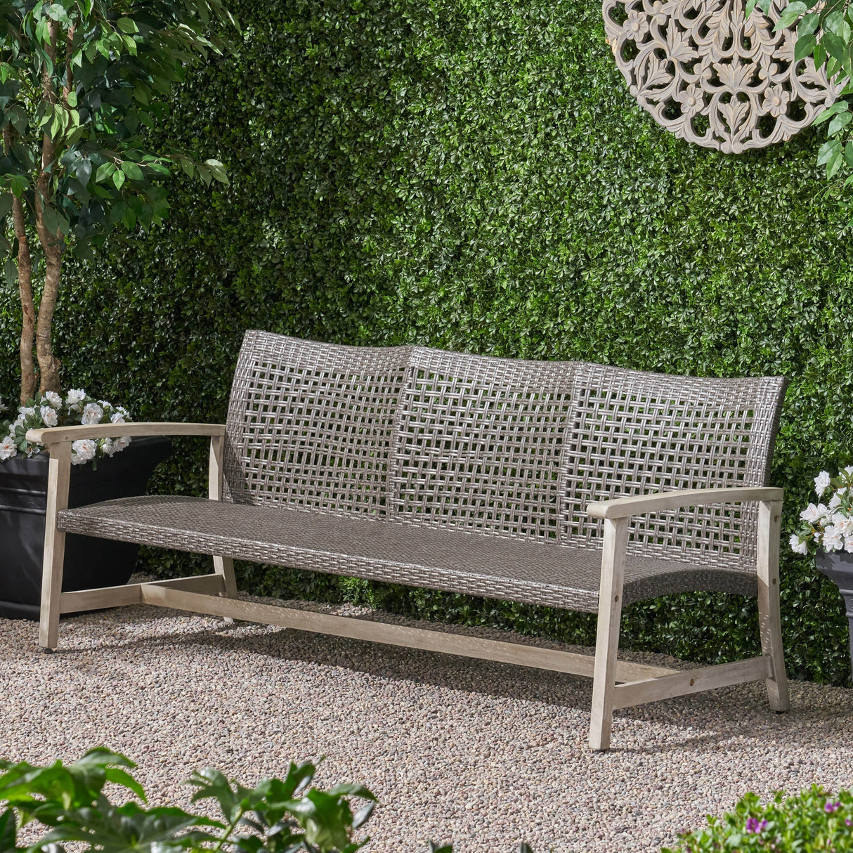 Outdoor Acacia Wood Wicker 3-Seater Sofa, Patio Furniture Conversation Set for Backyard