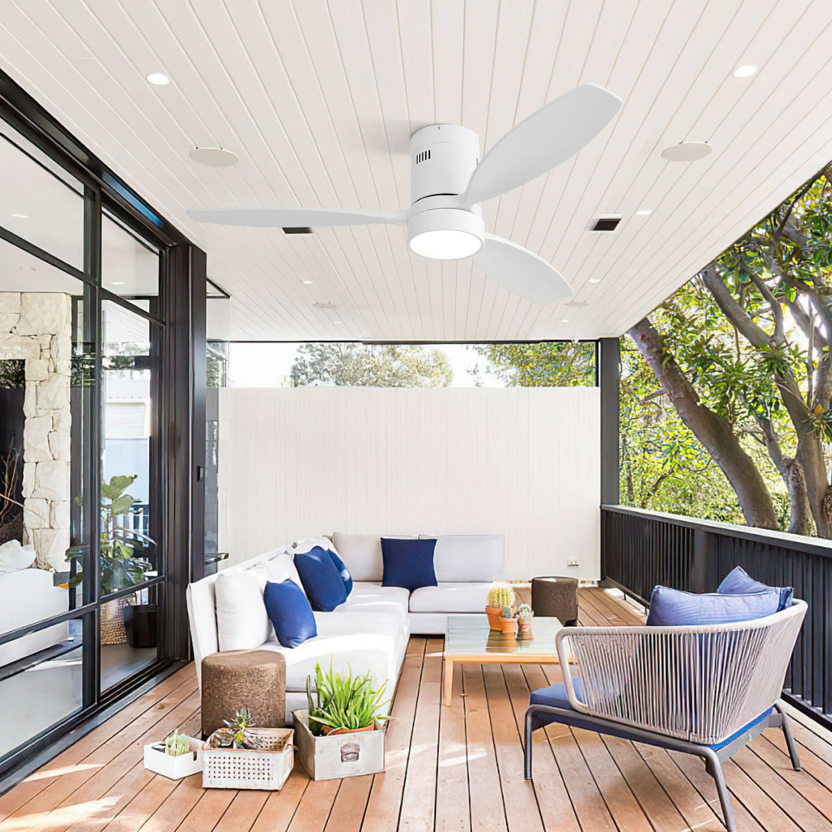 Indoor / Outdoor Ceiling Fan With Blades, Reversible DC Motor, Remote Controlled LED Light - White
