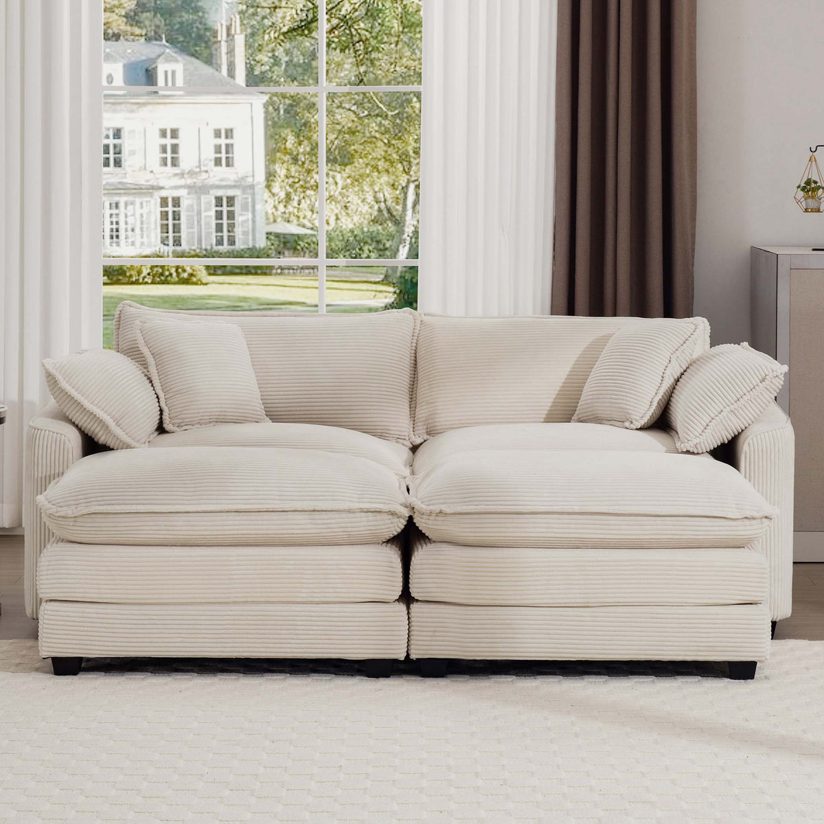 Modern Modular Cushion Sofa Set with Ottoman - Fabric, Multiple Colors