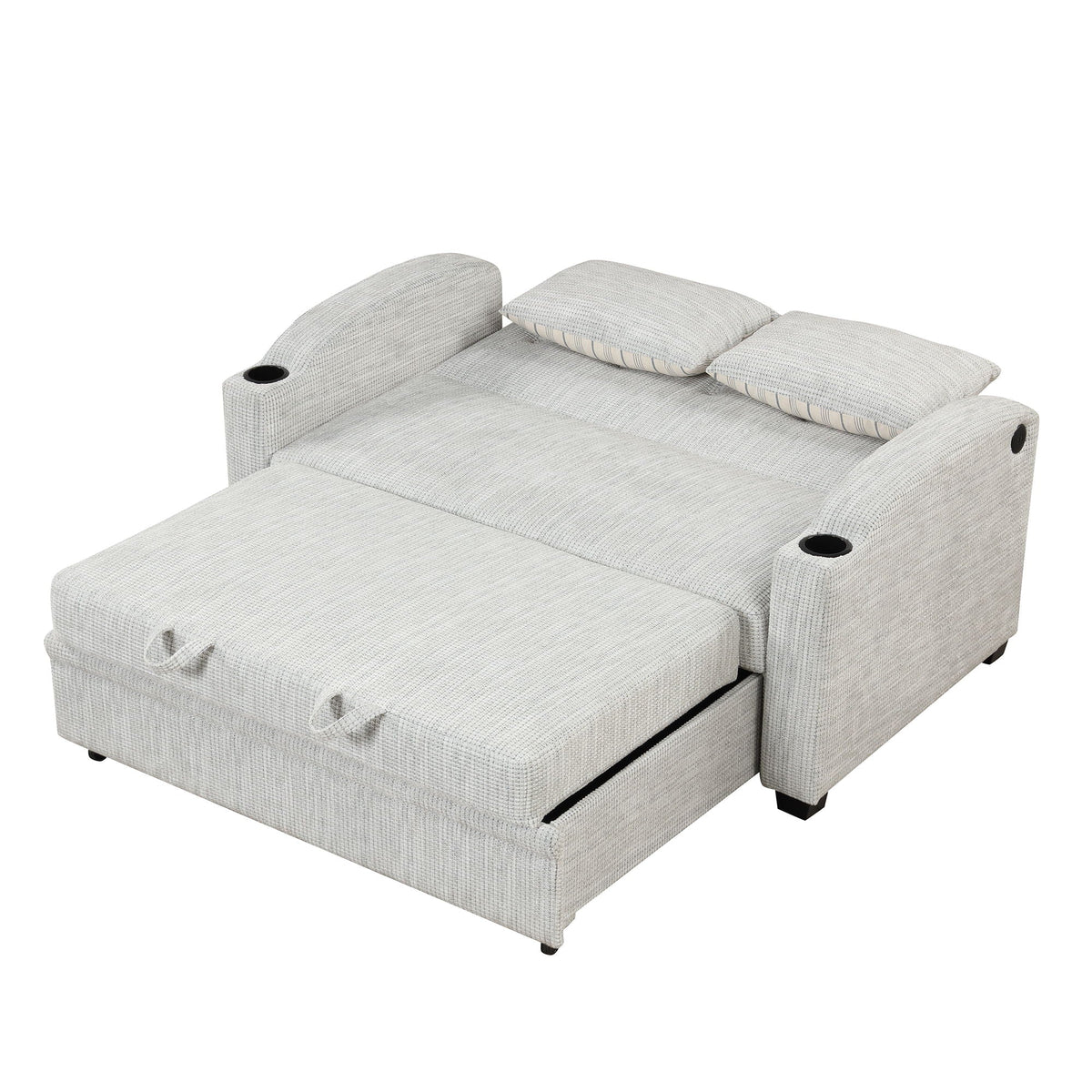 Pull Out Loveseat Sofa With Adjsutable Backrest, 2 Pillows, Cup Holders, USB Ports For Living Room