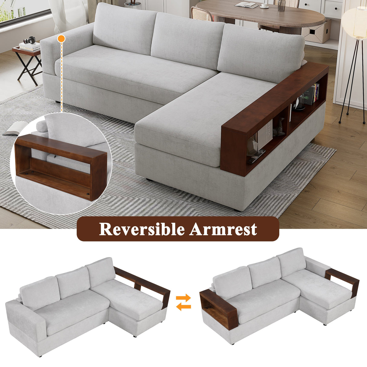 87.4' Sectional Sofa with Reversible Armrests Gray Chenille Upholstery