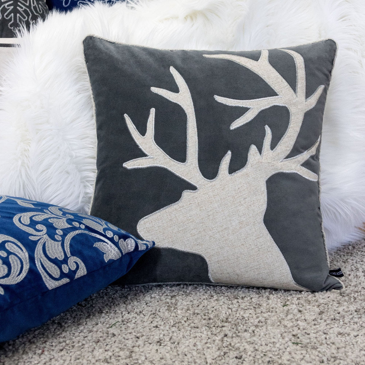 Holiday Reindeer Velvet Accent Pillow 20x20 – Gray and White