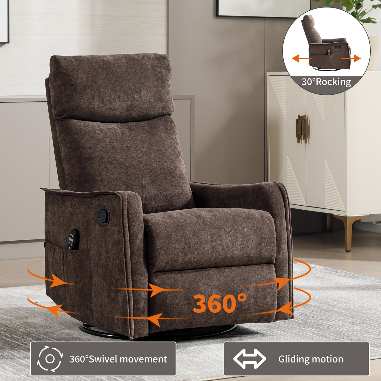 Heat Massage Manual Recliner Chair with Rocker and Swivel in Fabric