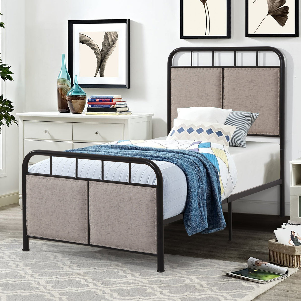 Twin Size Linen Upholstered Platform Metal Bed Frame with Fabric Headboard and Footboard