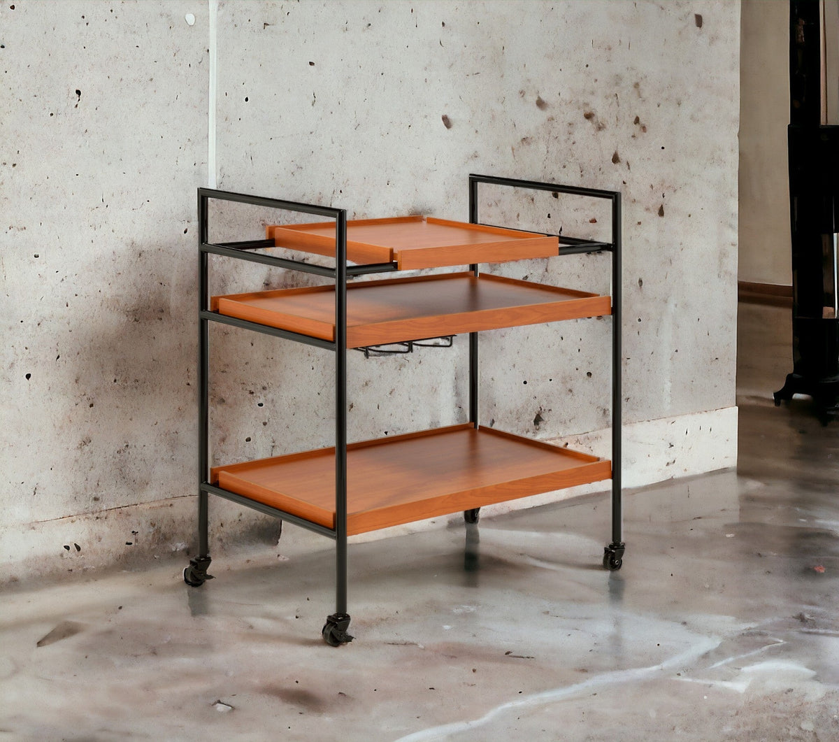 Honey Oak & Black Finish Bar Cart with Wooden Trays - Oaken