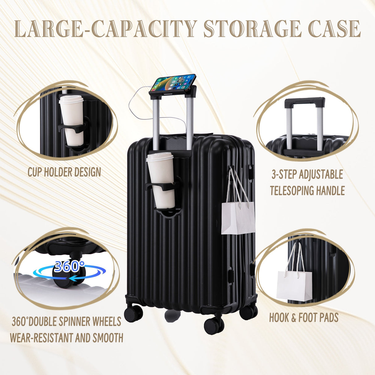 ABS Spinner Wheel Luggage Carry On Suitcase with Cup Holder and USB Port