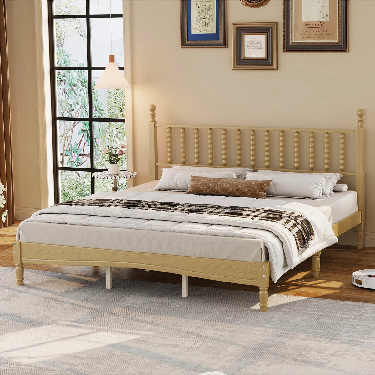 King Size Wood Platform Bed with Gourd Shaped Headboard