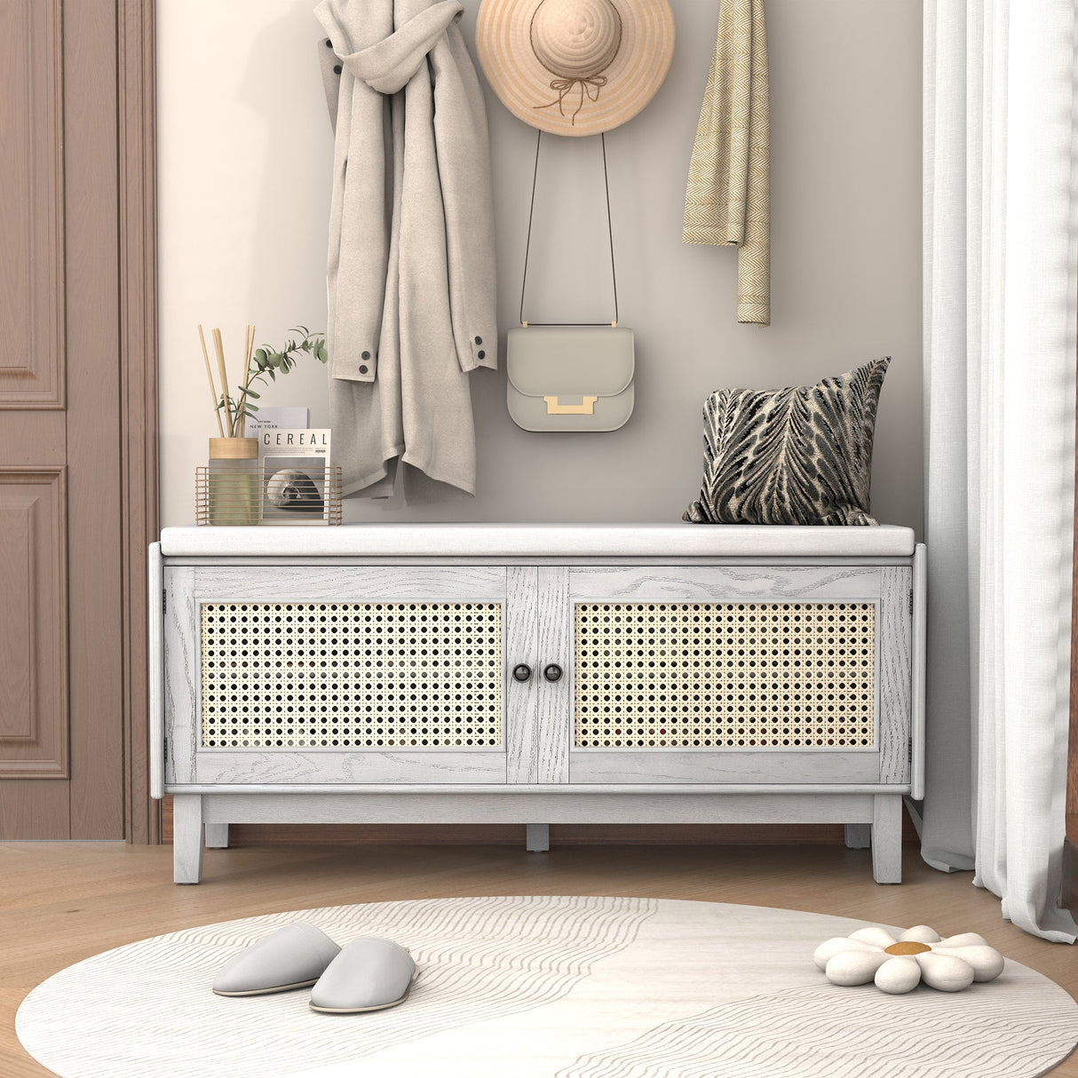 TREXM Boho Rattan Entryway Bench with Storage