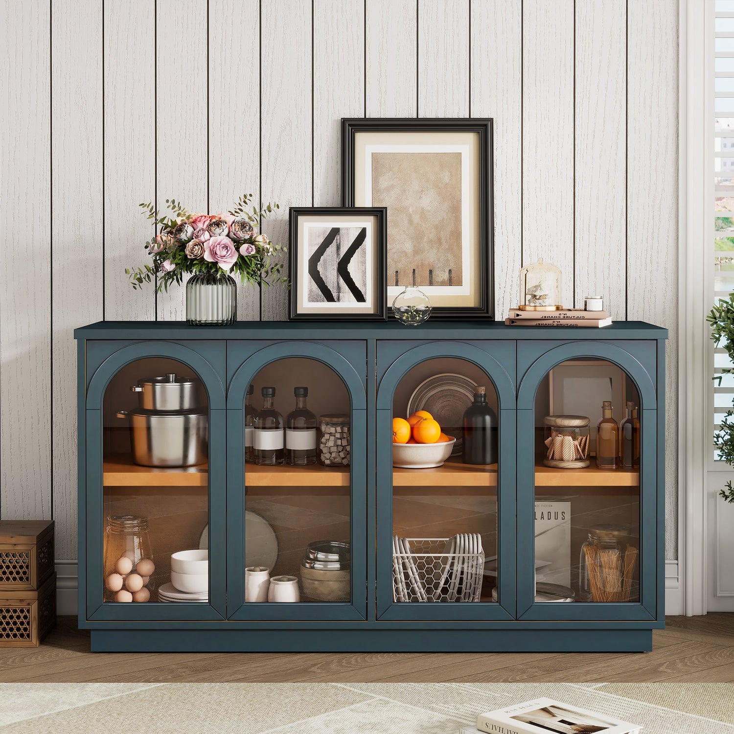 Arched Storage Cabinet with Glass Doors