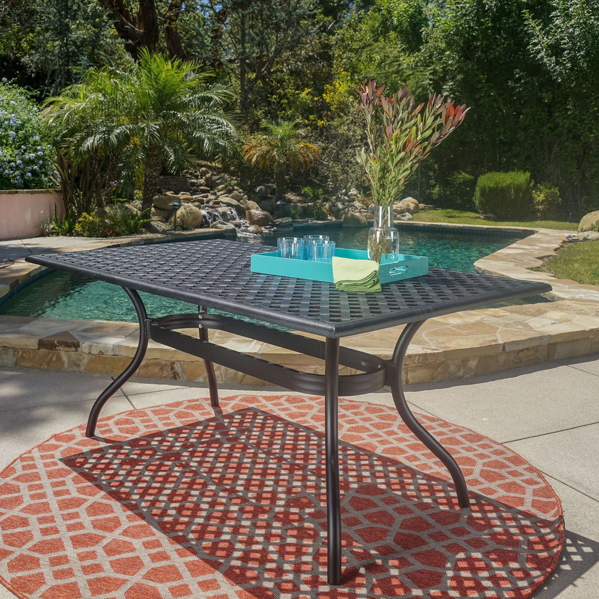 Outdoor Aluminum Dining Table with Lattice Design and Center Umbrella Hole - Black