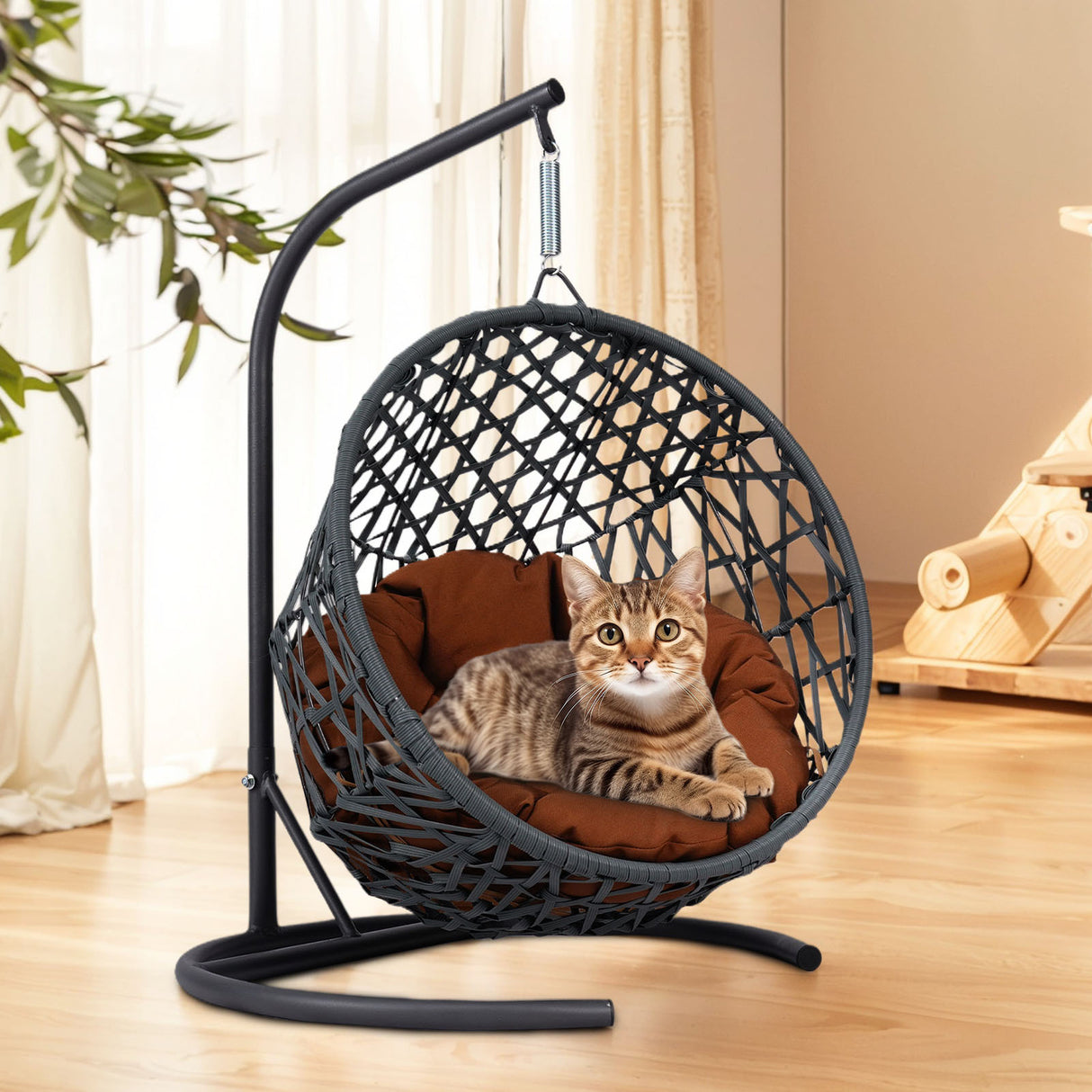 Cat-Swing-Bed-with-Stand-&-Cushion,-Cat-Egg-Chair-with-Rattan-Wicker-Pet-Bed