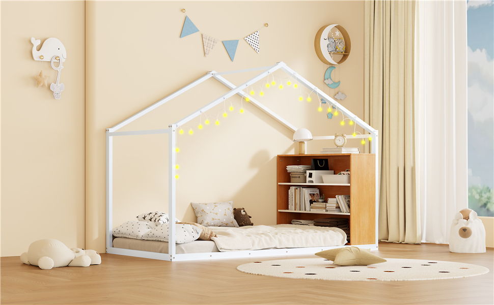 Bed House Frame With Shelves And Lights