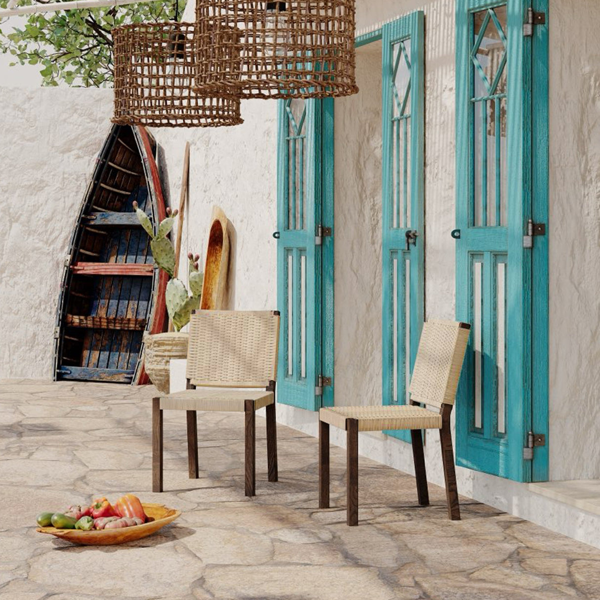 Solid Wood Rattan Backrest Dining Chairs, Set of 2