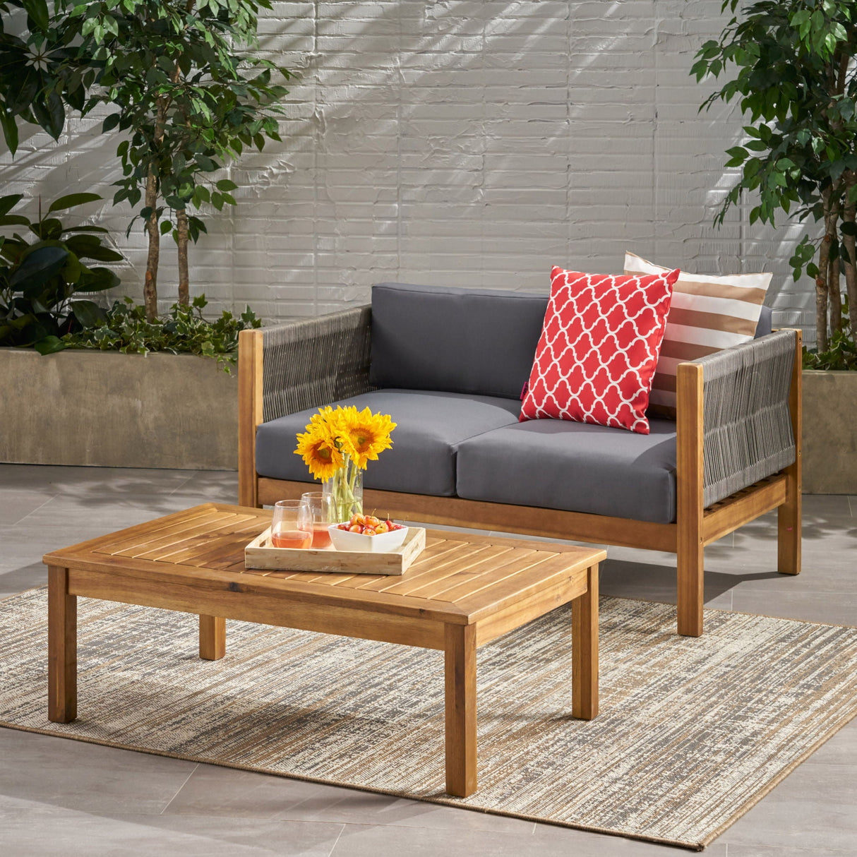 Charlotte Outdoor and Rope 4 Seater Chat Set with Cushions - Teak