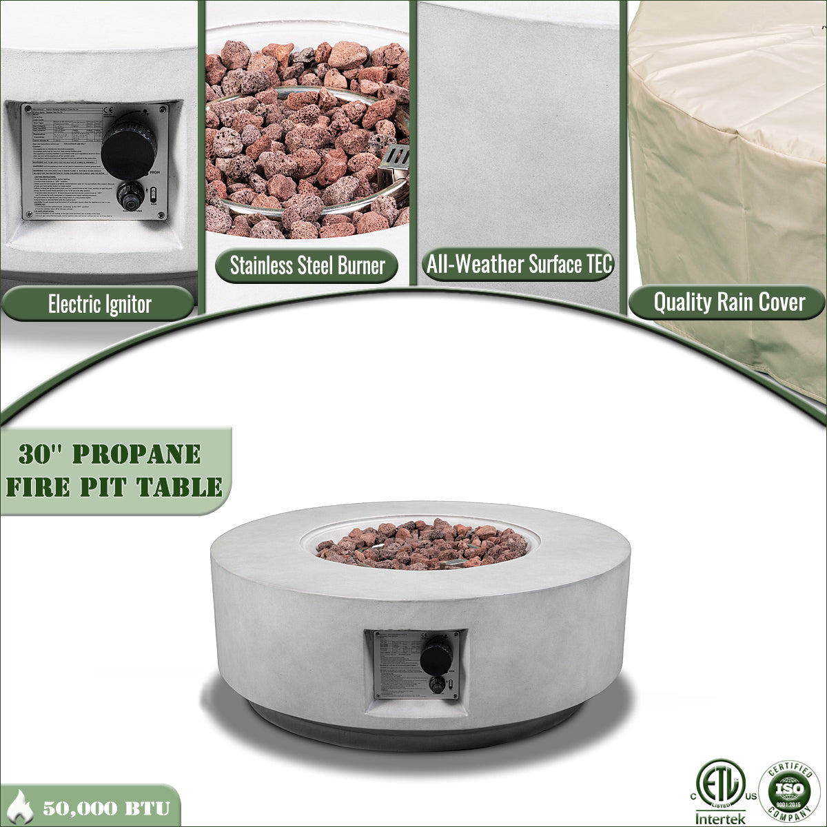 30" Propane Gas Fire Pit Table - 50000 BTU Round Concrete Fire Pit