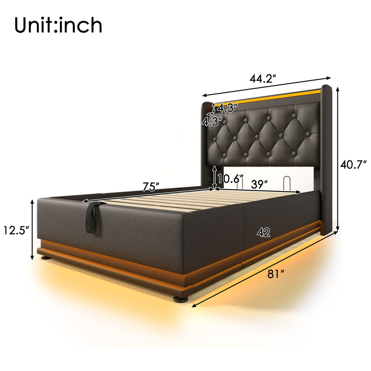Upholstered Bed, 360 Surround LED Function, Remote Control, Hydraulic Storage Bed With USB, Type-C Charging (Without Mattress)