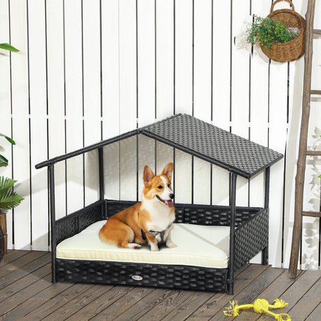 PawHut-Wicker-Dog-House-Outdoor-with-Canopy,-Rattan-Dog-Bed-with-Water-resistant-Cushion-Dog-House