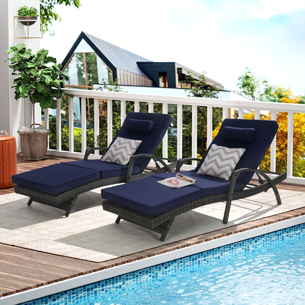 Outdoor Wicker Reclining Chair Set of 2 with Cushions