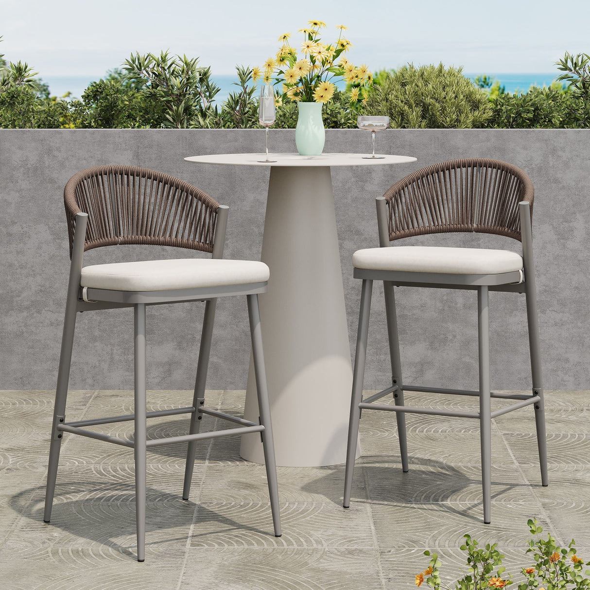 Outdoor Bar Height Metal Frame Counter Stools with Scallop Shaped Backrest