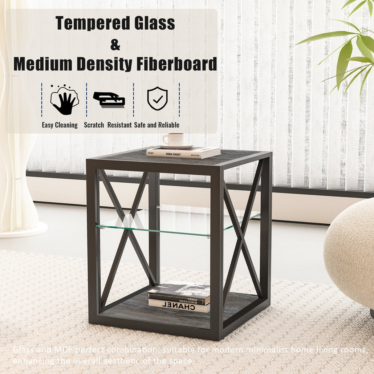 Modern End Table Nightstand with Tempered Glass & Wood Grain MDF