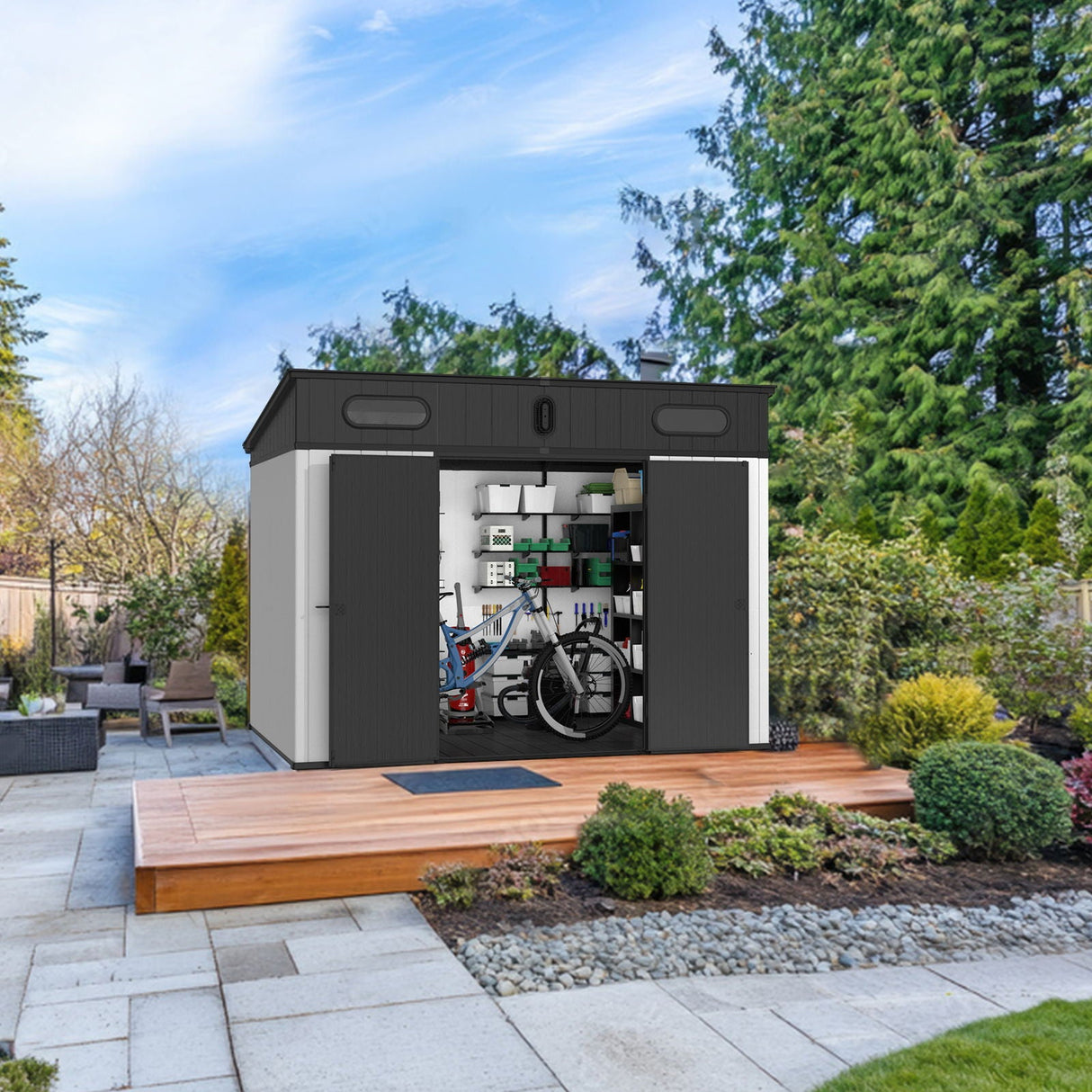 10 Ft. W X 7 Ft. D Plastic Storage Shed With Floor - Black / Gray
