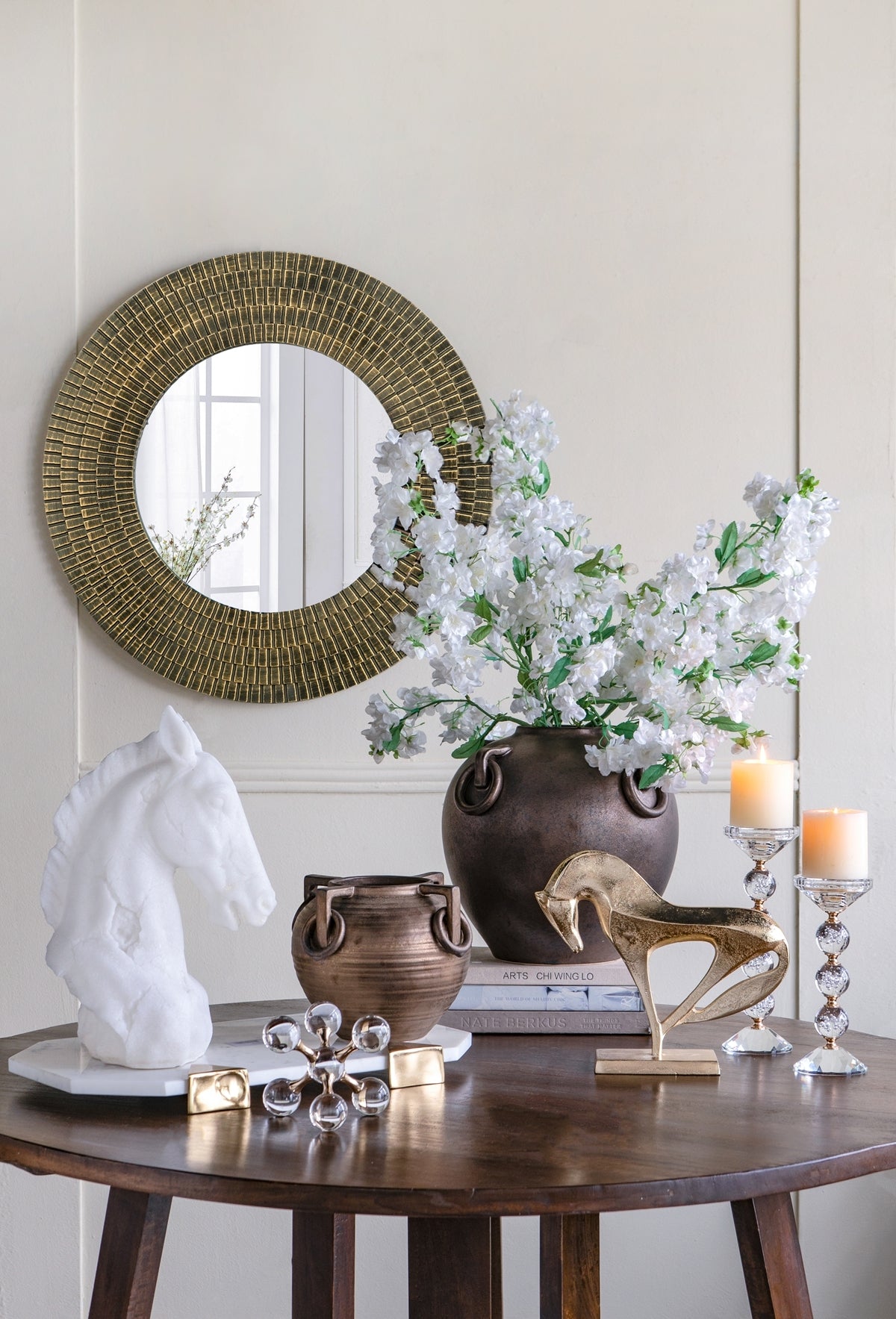 Round Gold and Black Wooden Accent Mirror with Woven Texture - 29.5"