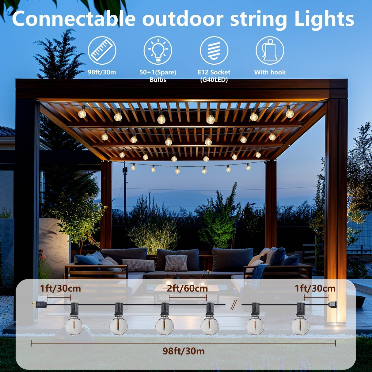 98FT LED Outdoor String Lights with 50 Shatterproof Bulbs
