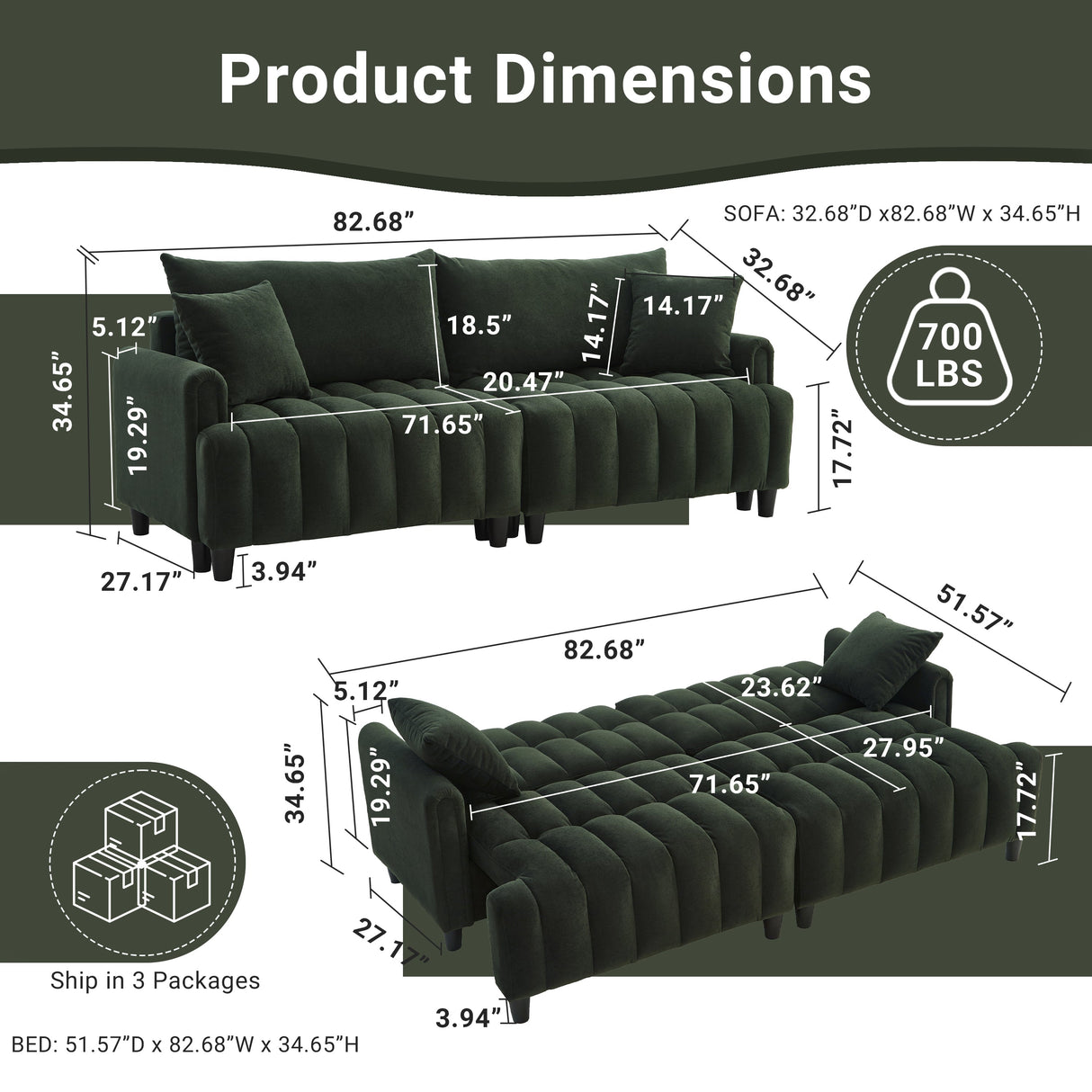 83'' Futon Sofa Bed with Polyester Fabric and 2 Pillows - Dark Green