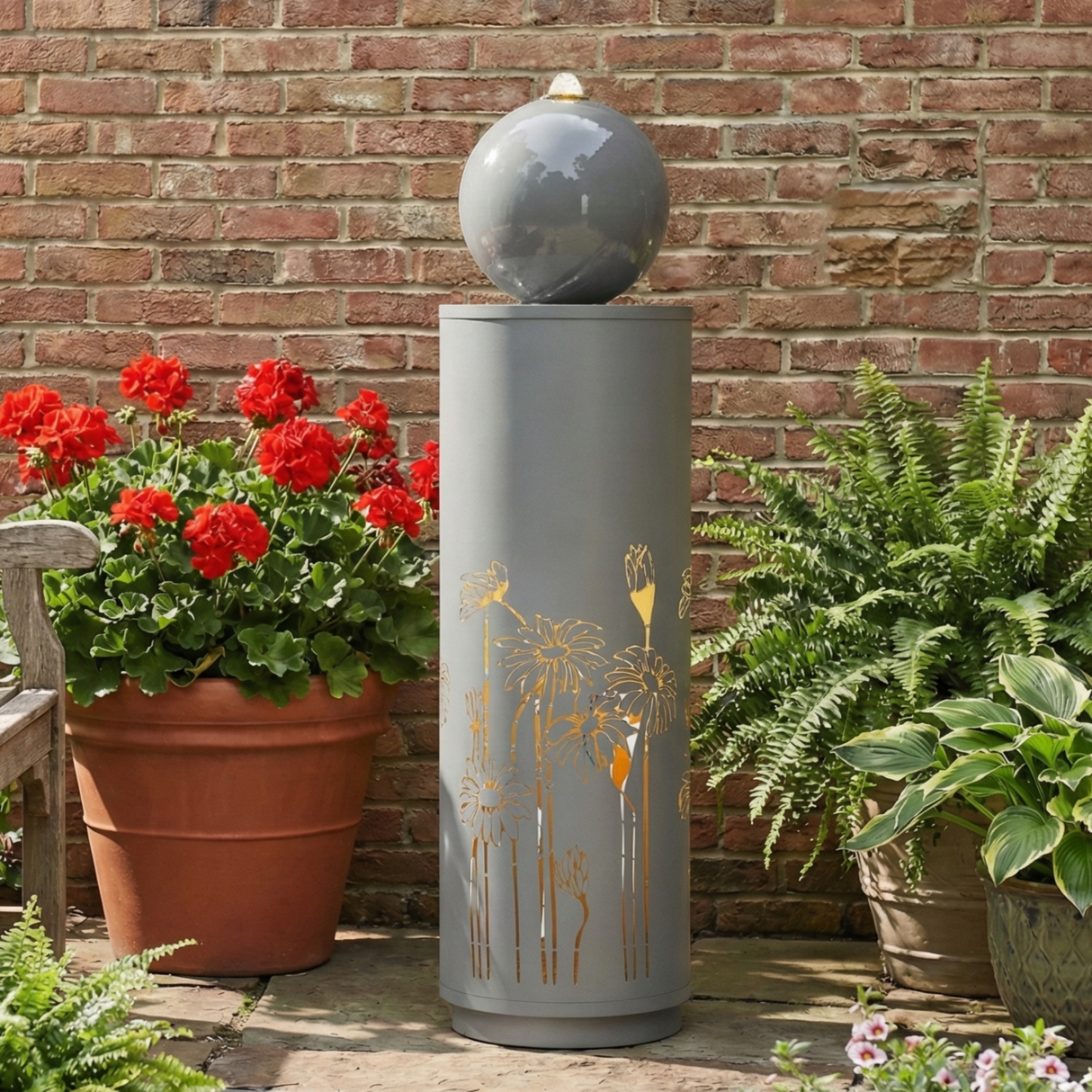 34.25'H Light Gray Metal Cutout Outdoor Water Fountain with LED Lights