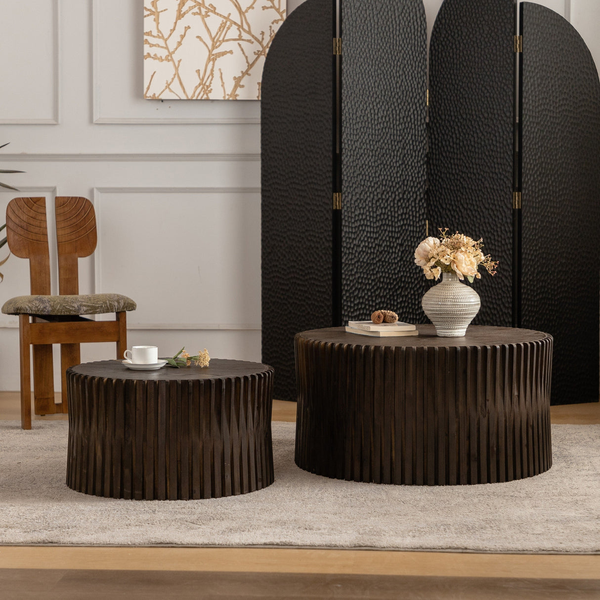 Vintage Style Cylindrical Nesting Coffee Table Set with Textured Embossed Design in Dark Brown MDF+Fir