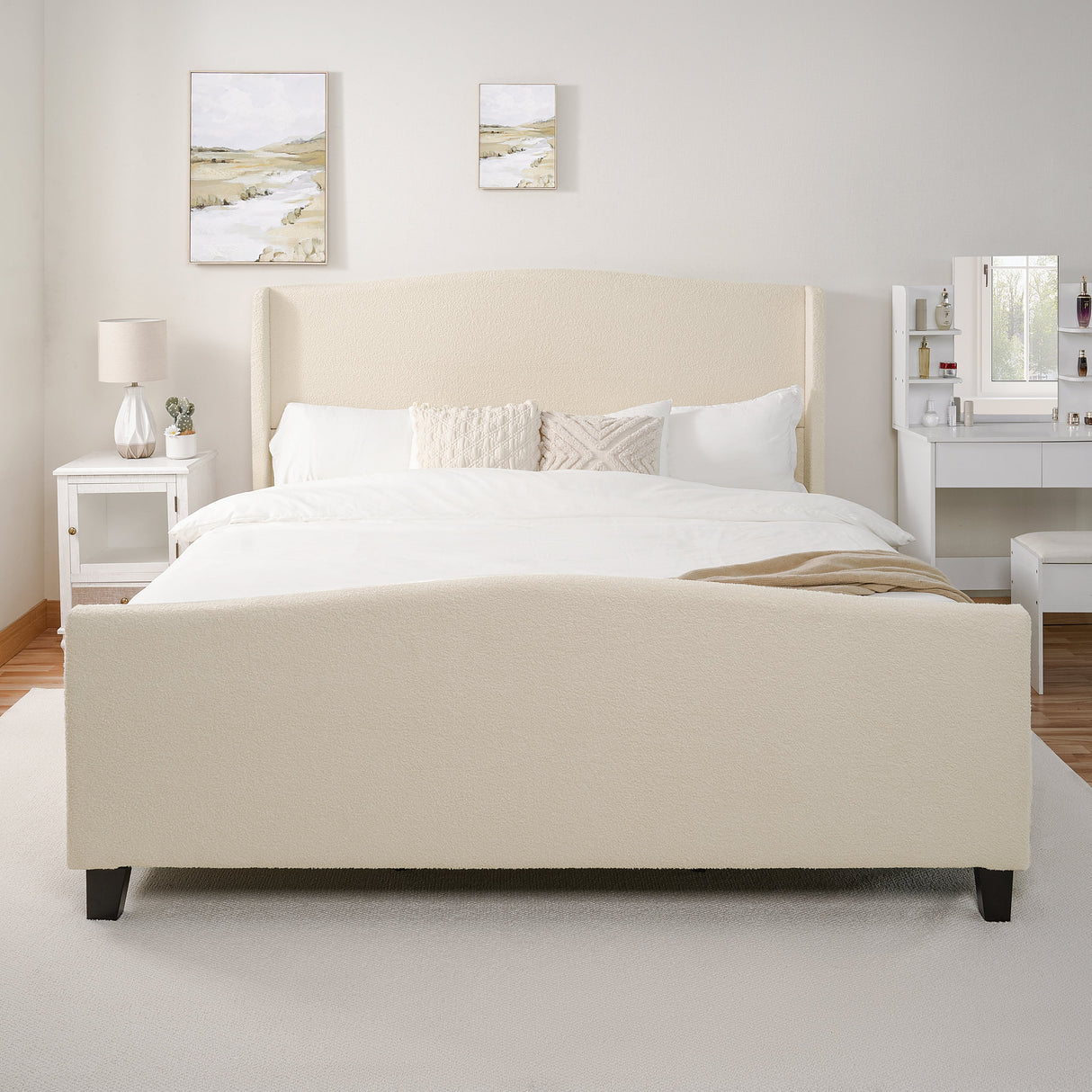 King Size Bed Frame with Upholstered Teddy Velvet Headboard