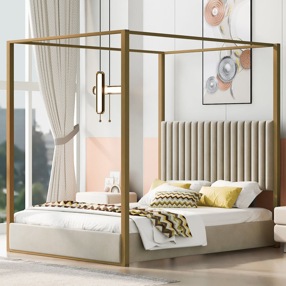 Upholstered Canopy Platform Bed With Frame, Queen Size - Beige