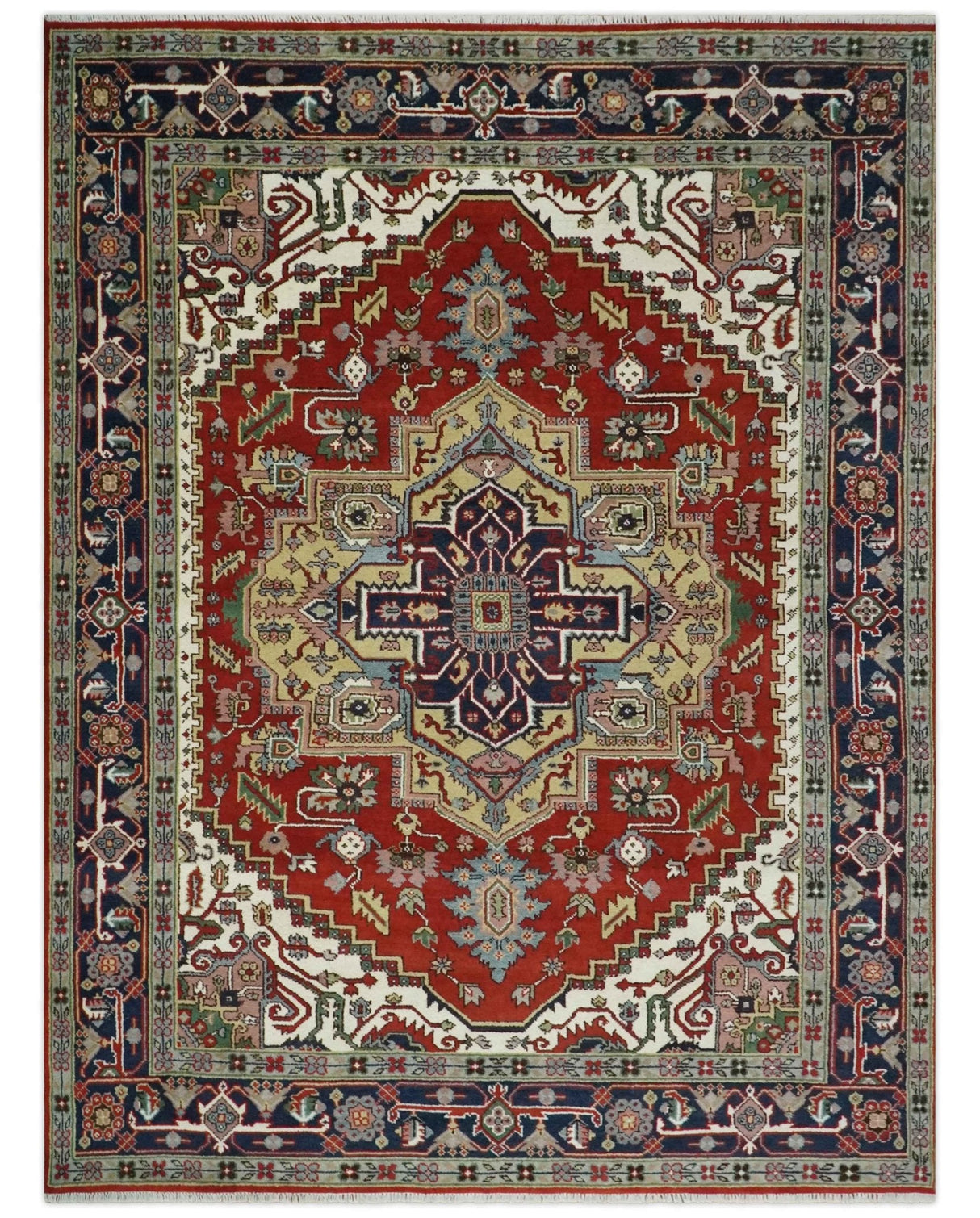 8x10 and 9x12 Hand Knotted Brown, Mustard, Ivory and Blue Traditional Wool Area Rug
