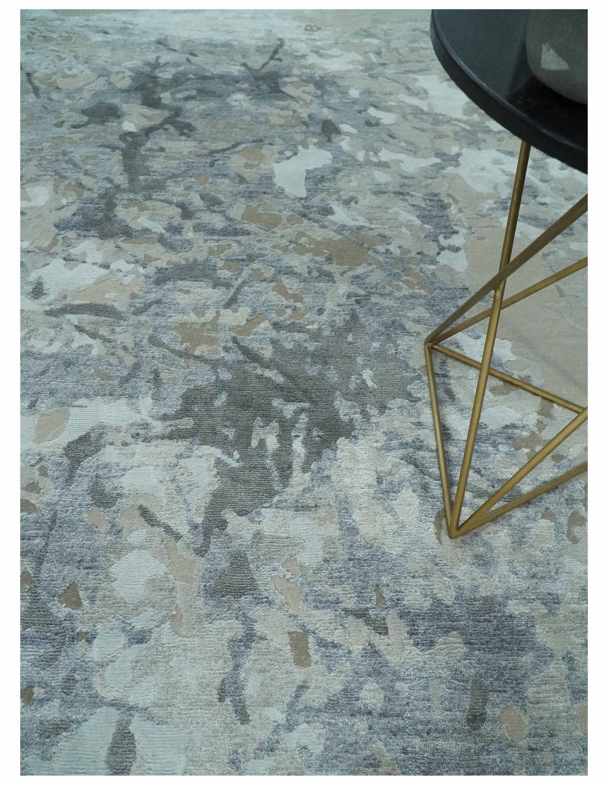 8x10 Beige, Ivory and Charcoal Modern Abstract Handmade Bamboo Silk Area Rug