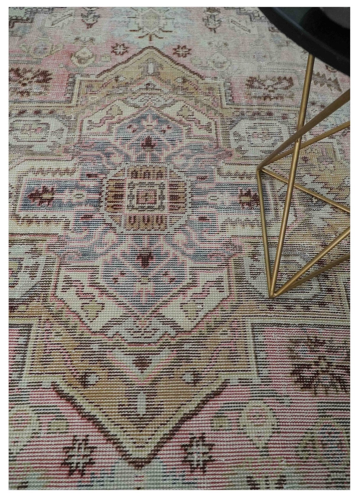 8x10 Distressed Low Pile Hand knotted Beige, Peach and Silver Wool Area Rug