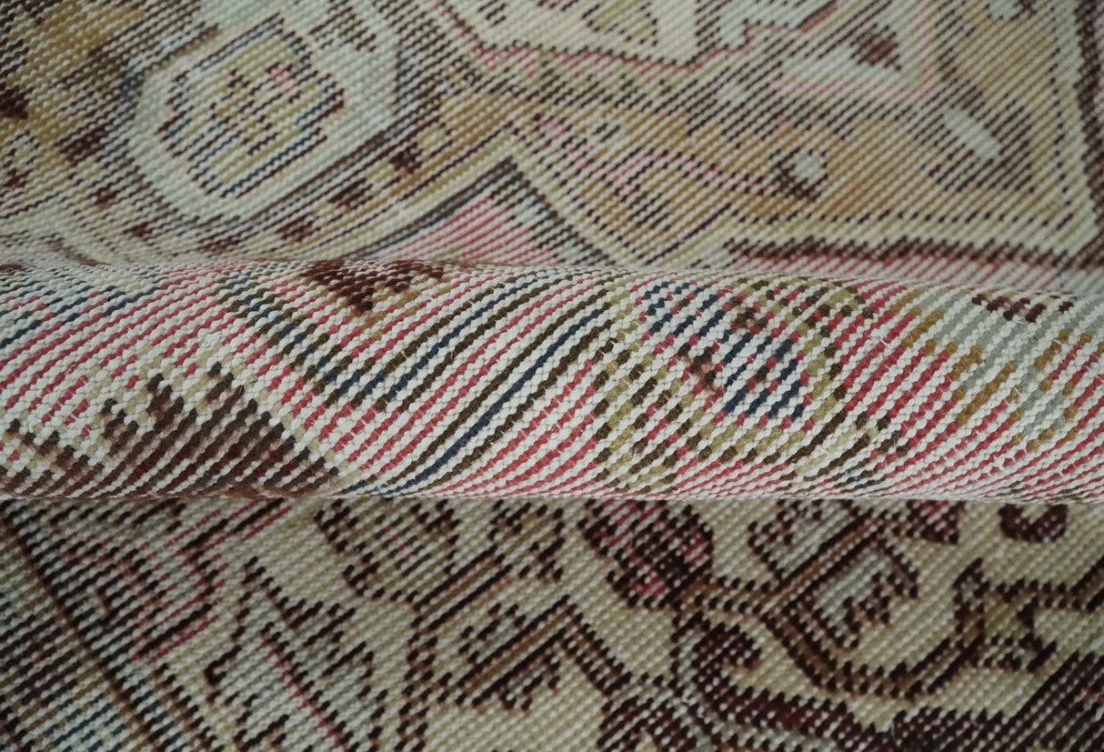 8x10 Distressed Low Pile Hand knotted Beige, Peach and Silver Wool Area Rug