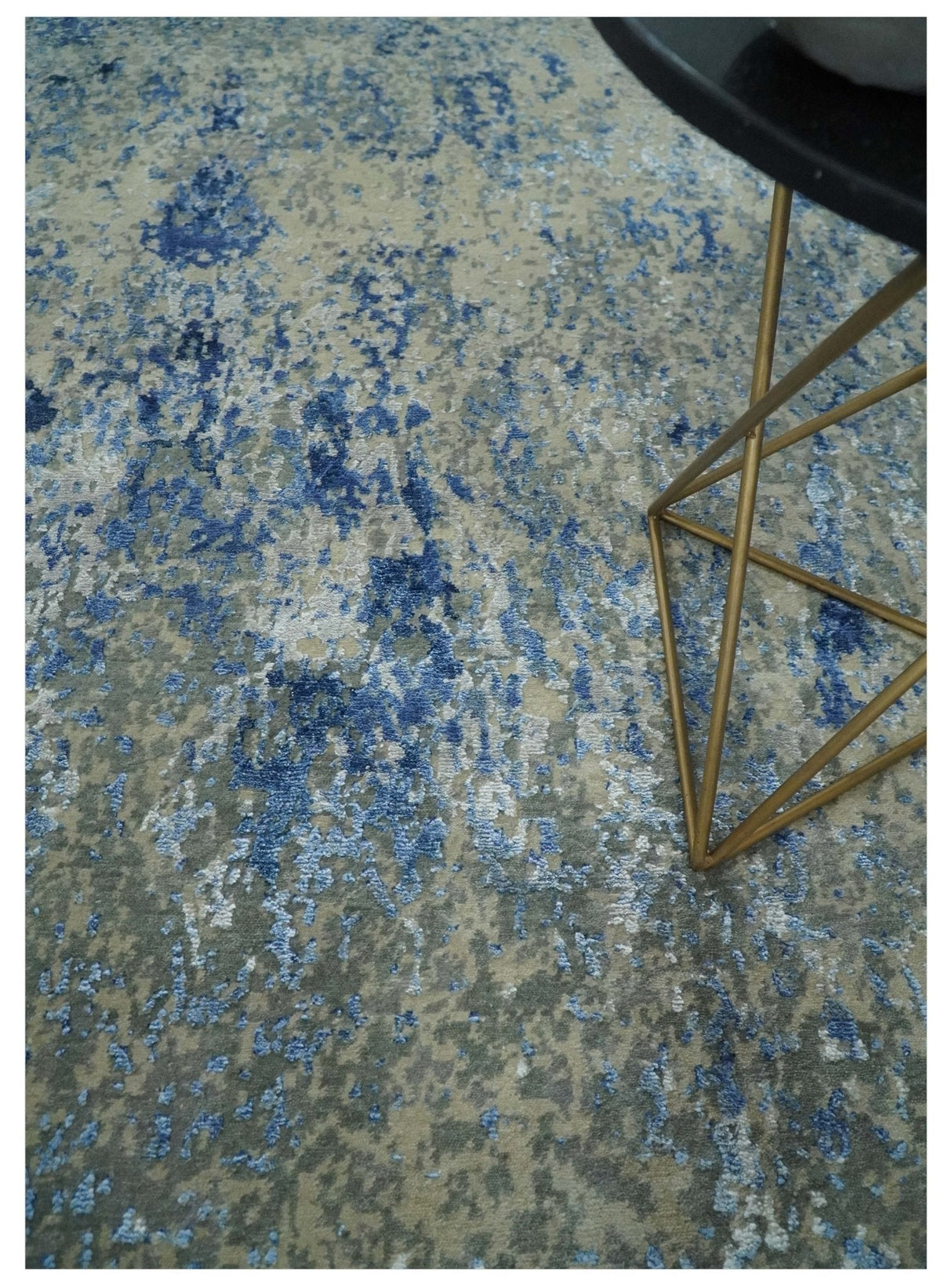 8x10 Fine Blue, Ivory and Beige Hand knotted Abstract wool and Art Silk Area Rug