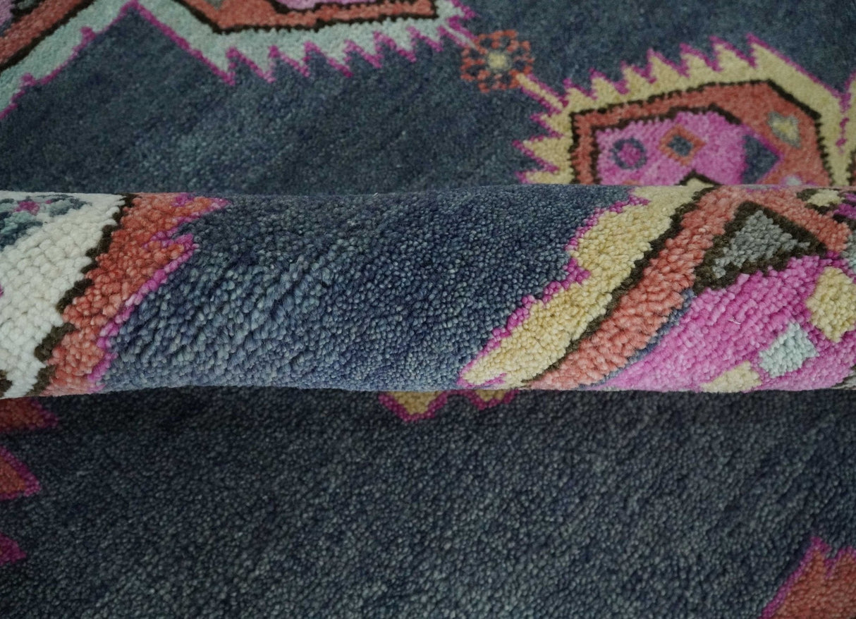 8x10 Hand Knotted Charcoal, Silver and Pink Traditional Wool Area Rug