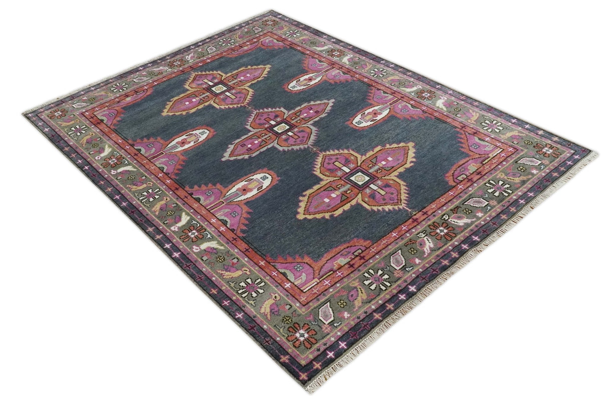 8x10 and 10x14 Hand Knotted Charcoal, Silver and Pink Traditional Wool Area Rug