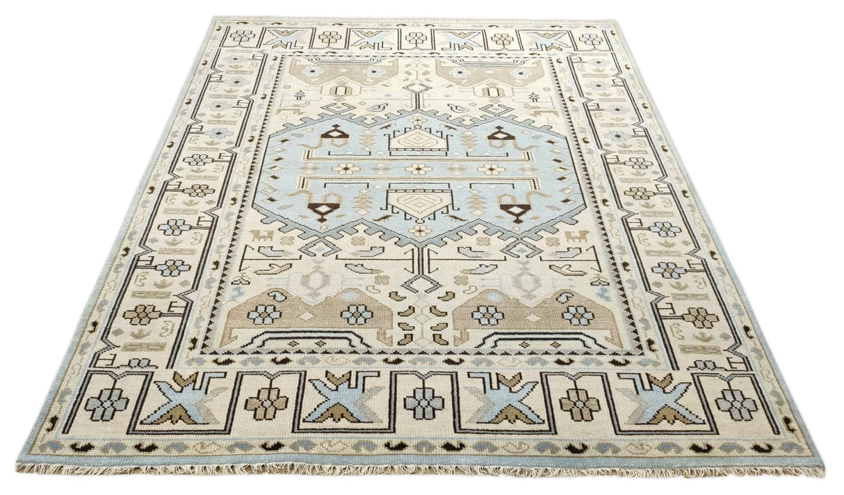Antique Ivory and Blue Traditional Hand Knotted 8x10 Wool Area Rug