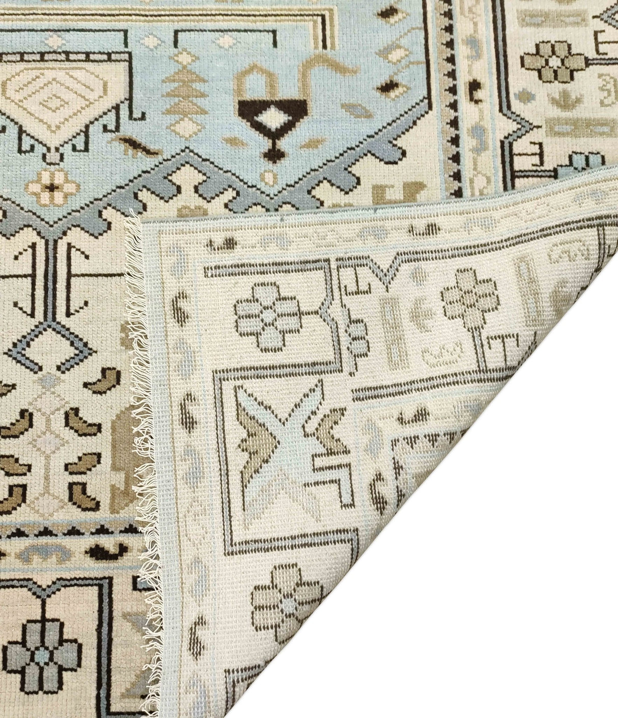 Antique Ivory and Blue Traditional Hand Knotted 8x10 Wool Area Rug