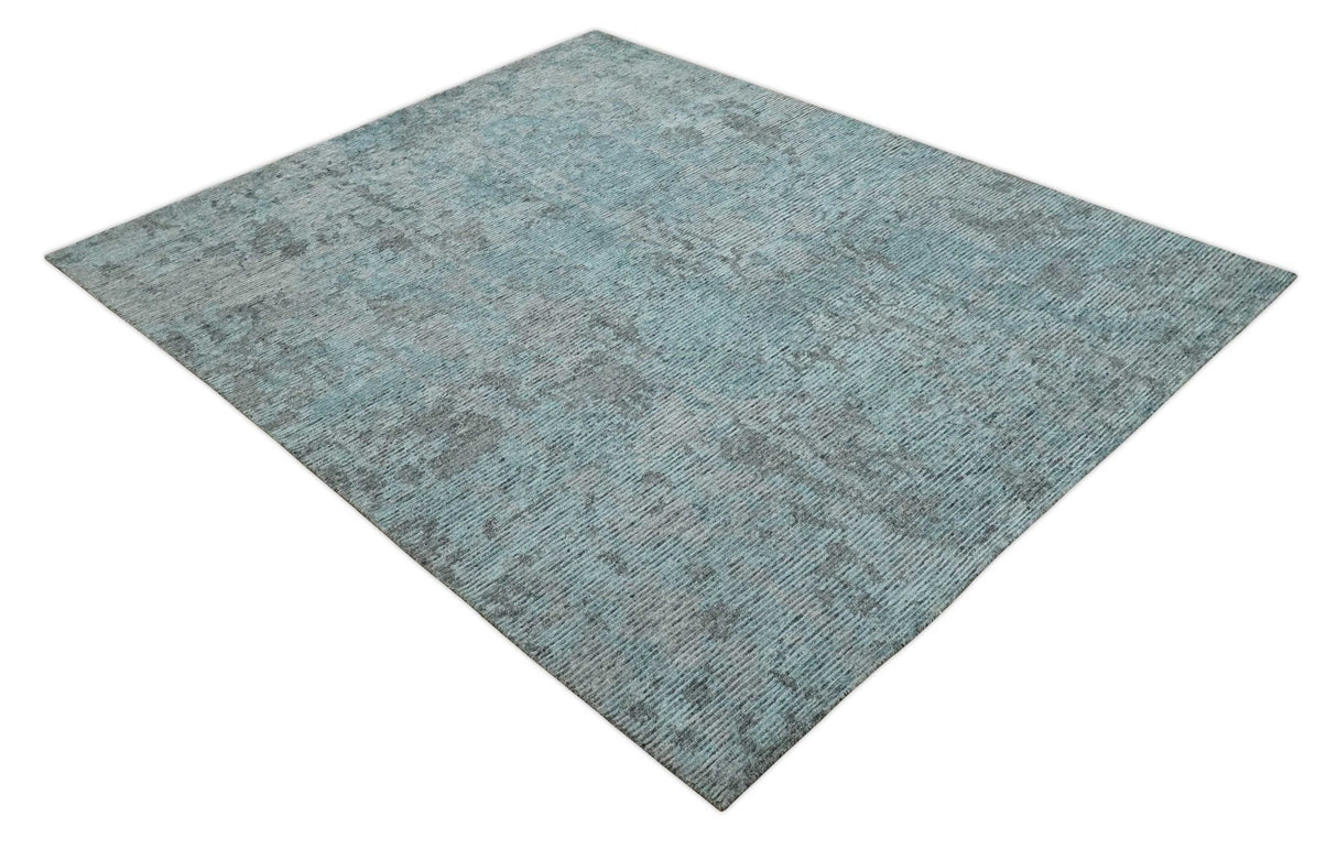8x10 hand knotted Ivory, Aqua and Charcoal Modern Abstract Wool and Bamboo Silk Area Rug