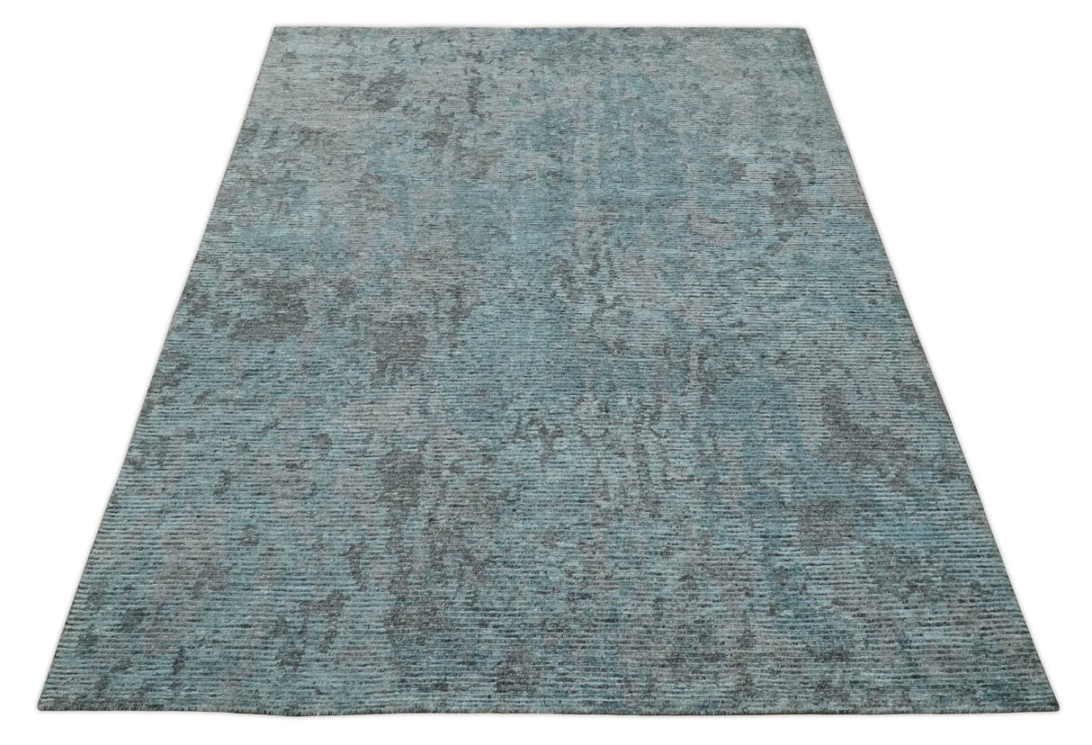 8x10 hand knotted Ivory, Aqua and Charcoal Modern Abstract Wool and Bamboo Silk Area Rug