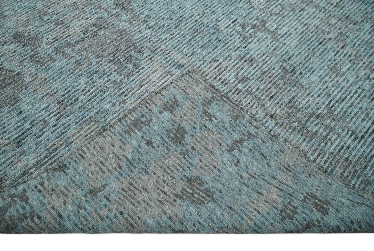 8x10 hand knotted Ivory, Aqua and Charcoal Modern Abstract Wool and Bamboo Silk Area Rug
