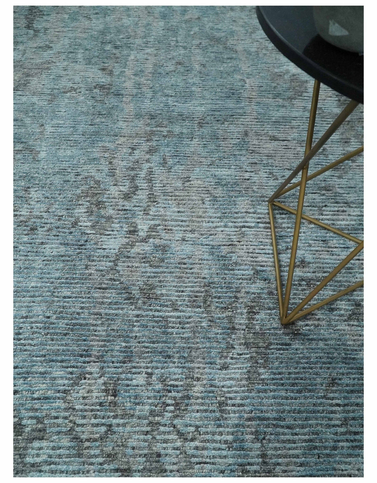 8x10 hand knotted Ivory, Aqua and Charcoal Modern Abstract Wool and Bamboo Silk Area Rug