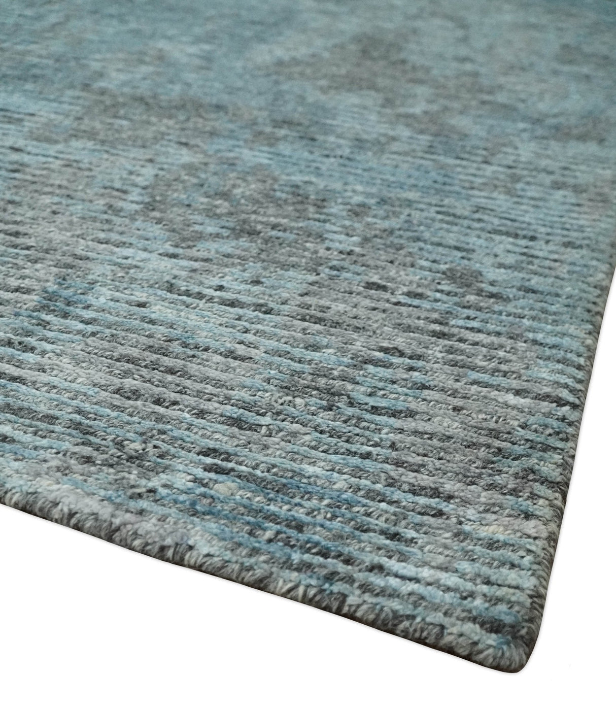 8x10 hand knotted Ivory, Aqua and Charcoal Modern Abstract Wool and Bamboo Silk Area Rug