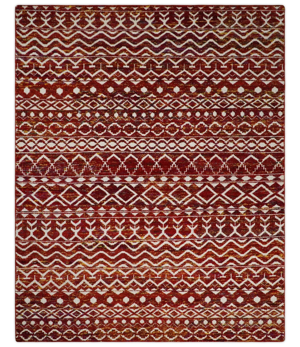 8x10 Hand Knotted Red and White Modern Contemporary Southwestern Tribal Trellis Recycled Silk Area Rug