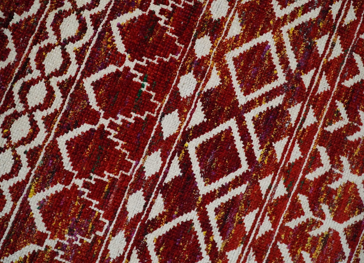 8x10 Hand Knotted Rust, Gold and White Modern Contemporary Southwestern Tribal Trellis Recycled Silk Area Rug