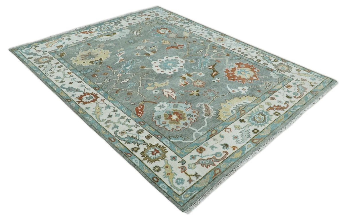 8x10 Hand Knotted Silver and Ivory Oriental Oushak Wool Rug