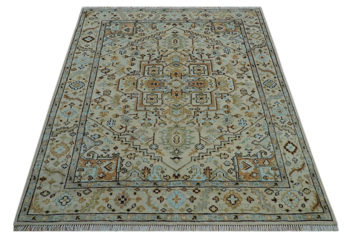 8x10 Hand Knotted Traditional Design Beige And Blue Wool Rug